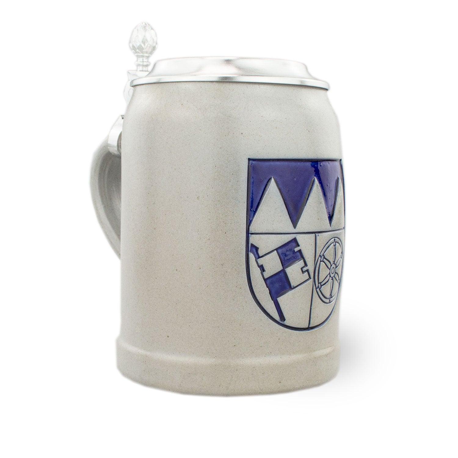 PREMIUM Bierkrug Unterfranken mit grauer Keramik, Zinndeckel und blauem Wappen von Unterfranken