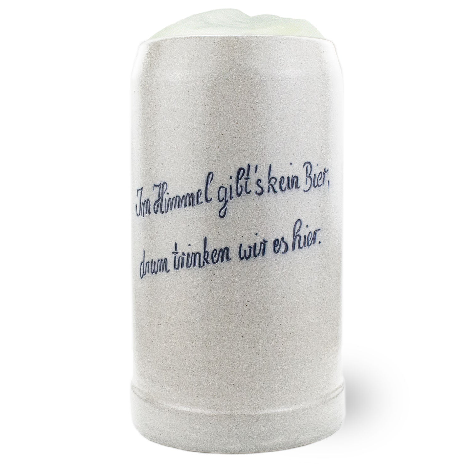 PREMIUM Steinkrug Bierkrug mit blauem Aufdruck Im Himmel gibt's kein Bier, drum trinken wir es hier.