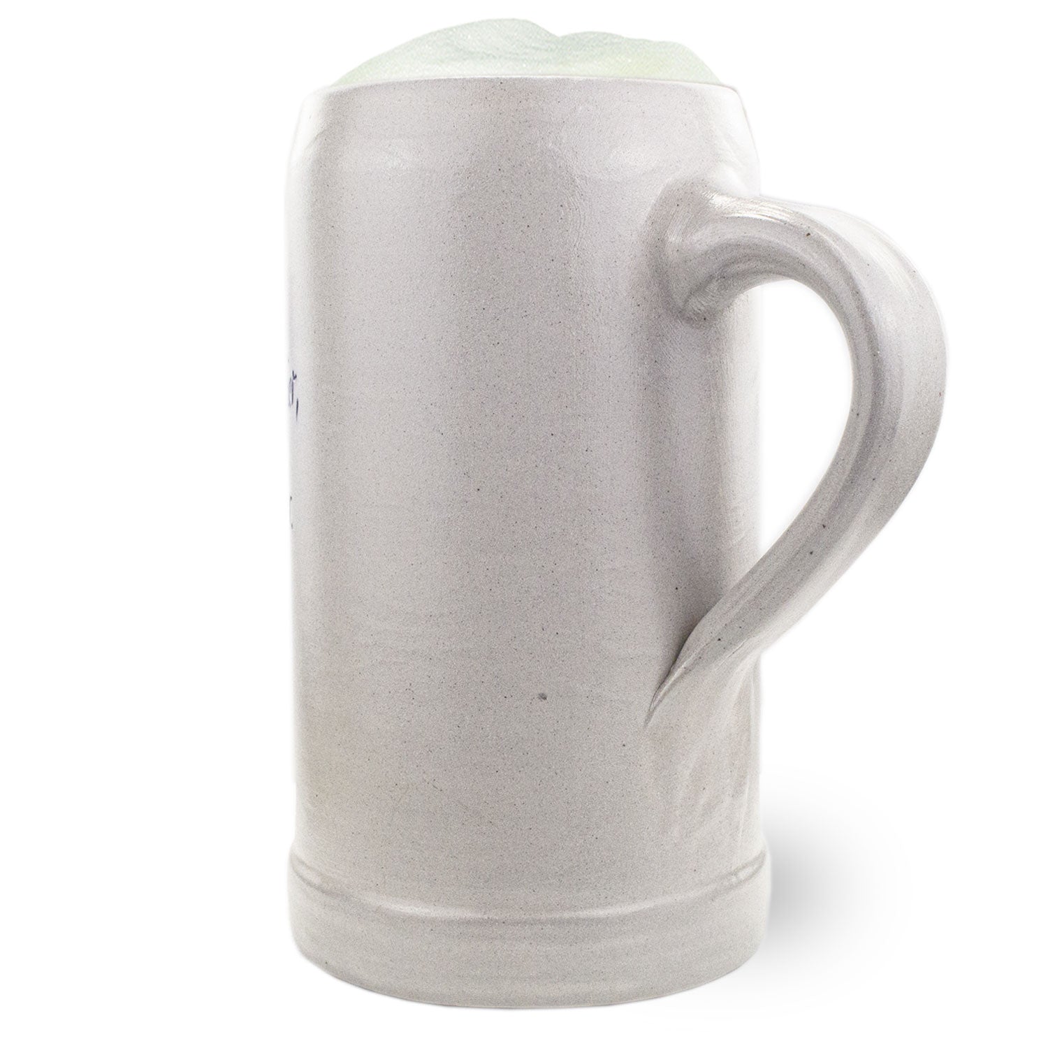 PREMIUM Steinkrug Bierkrug aus grauem Ton mit Schaumkrone, sichtbarem Henkel und bayerischem Aufdruck