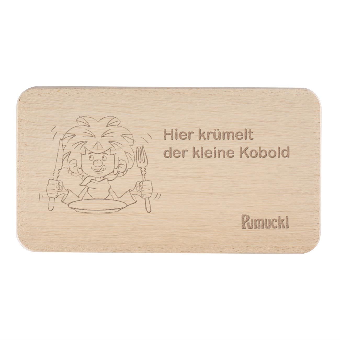 Pumuckl Frühstücksbrett aus hellem Holz mit Gravur Hier krümelt der kleine Kobold und dem Namen Pumuckl.