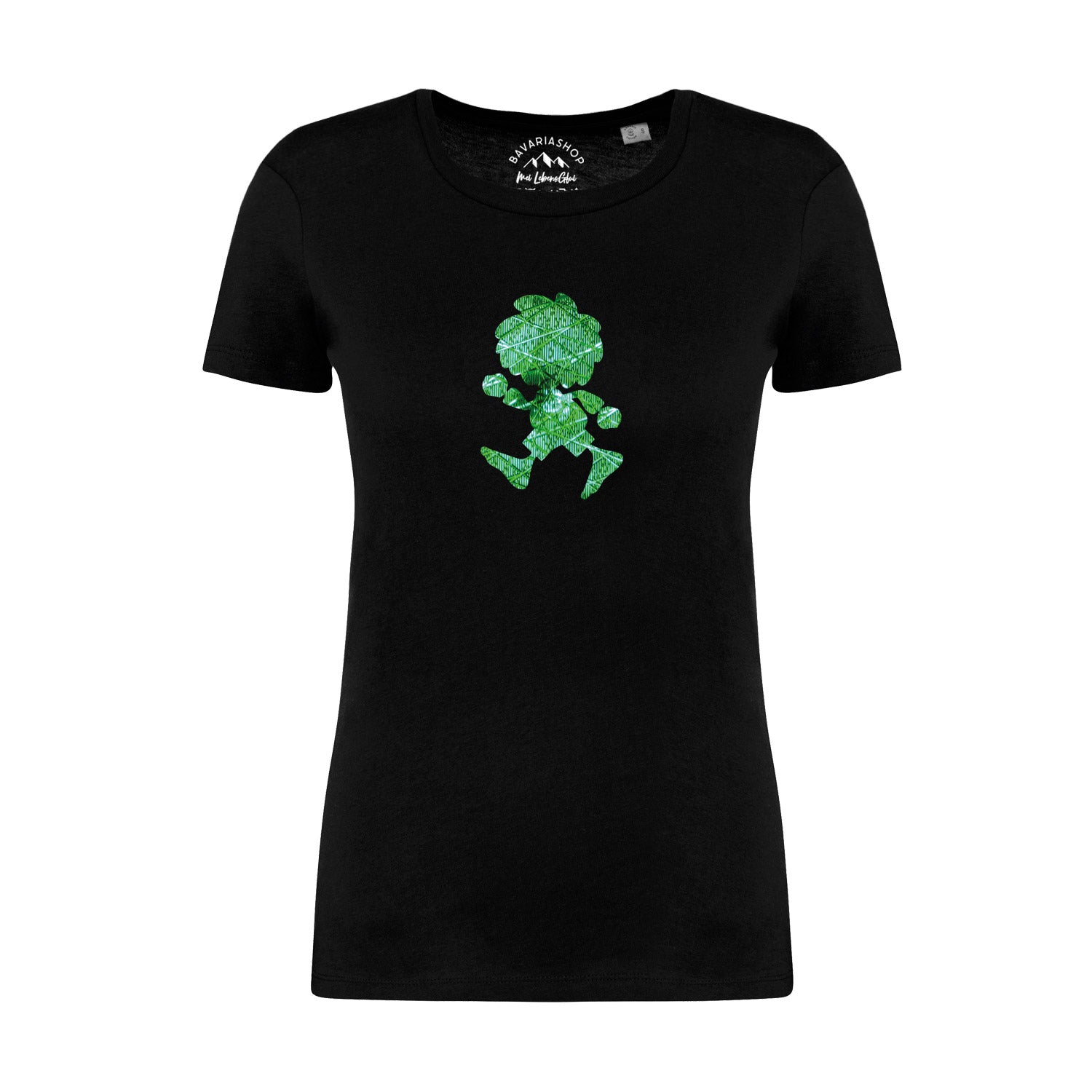 Schwarzes Pumuckl Damen T-Shirt "Ampel-Edition" mit grünem, gemustertem Pumuckl-Druck