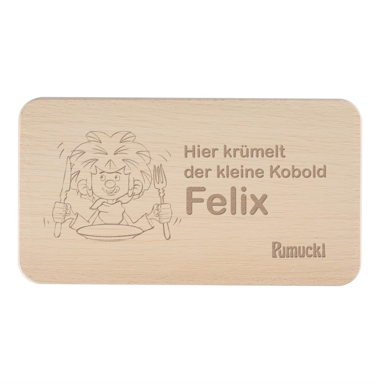 Pumuckl Frühstücksbrett aus Holz mit Lasergravur, Abbildung von Pumuckl und dem Wunschname Felix