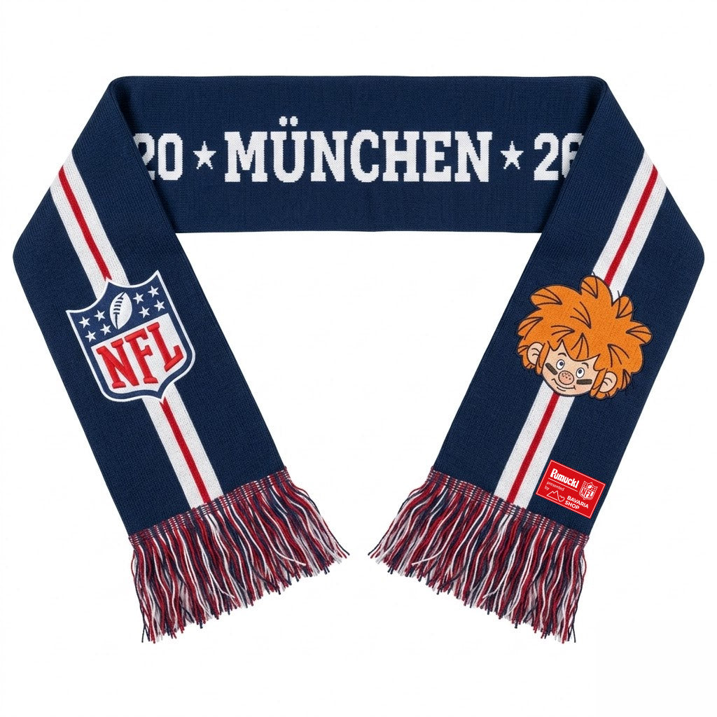 Blauer Fanschal München 2026 mit NFL Logo und Pumuckl im Football-Design, Fransen rot-weiß-blau.