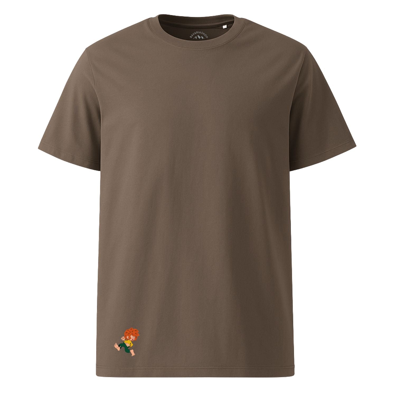 Braunes Pumuckl Herren T-Shirt "Lausbua" aus Baumwolle mit kleinem Pumuckl-Motiv am Saum.