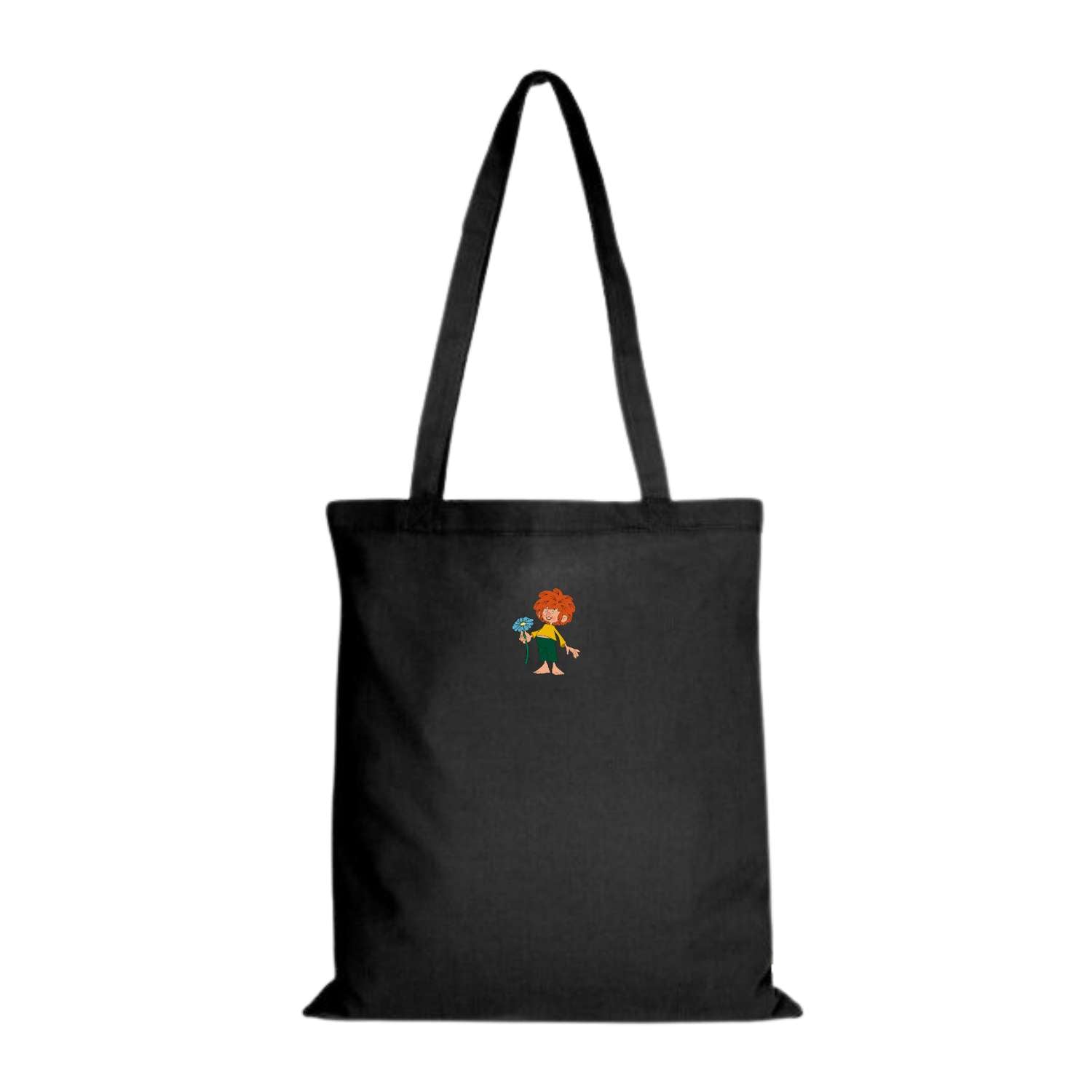 Pumuckl Tasche Schabernack, schwarze Stofftasche mit Pumuckl-Motiv, der eine blaue Blume hält.