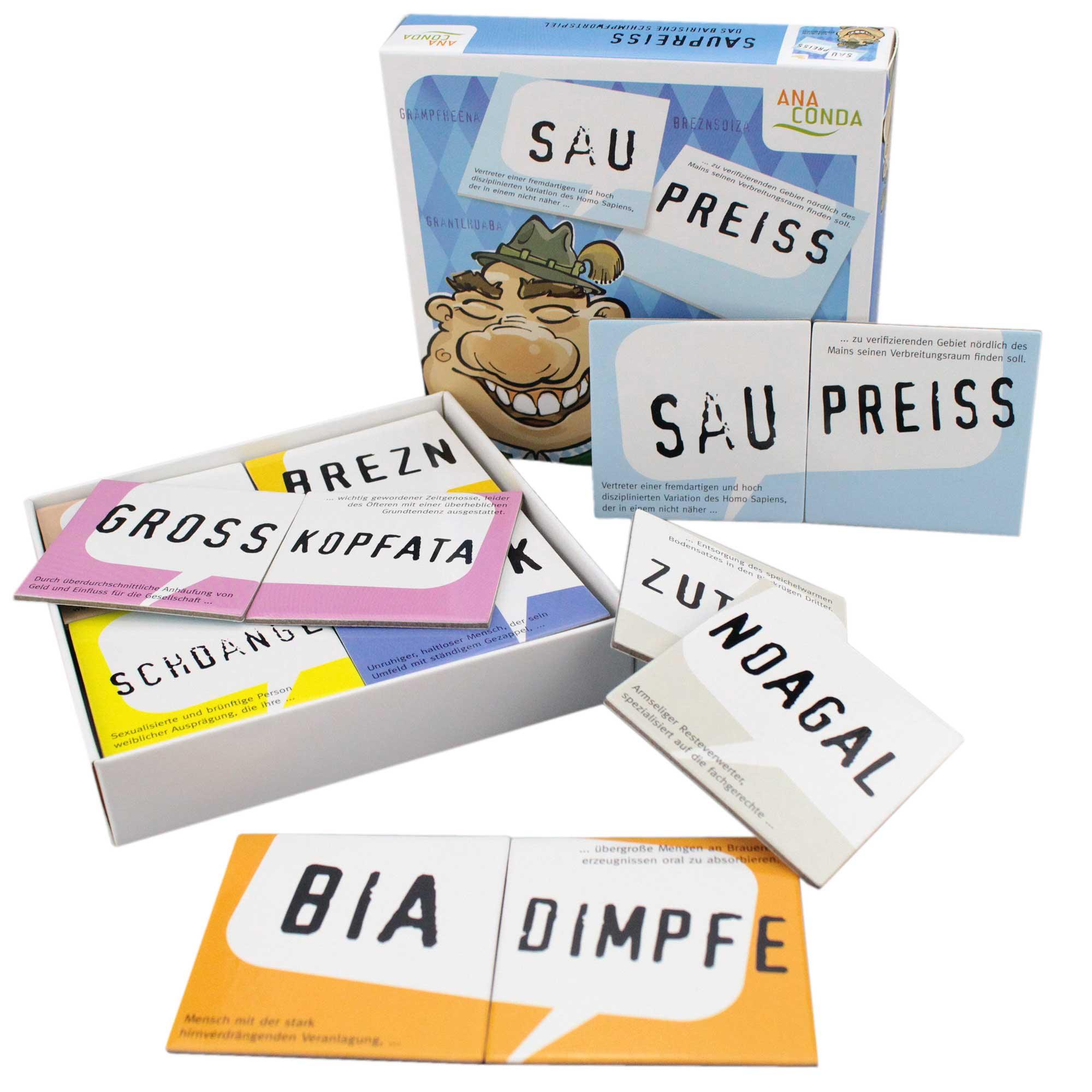 Deutsches E-Commerce Shop-Bild für ein bayerisches Schimpfwort-Wörterbuch-Spiel mit Wortkarten.