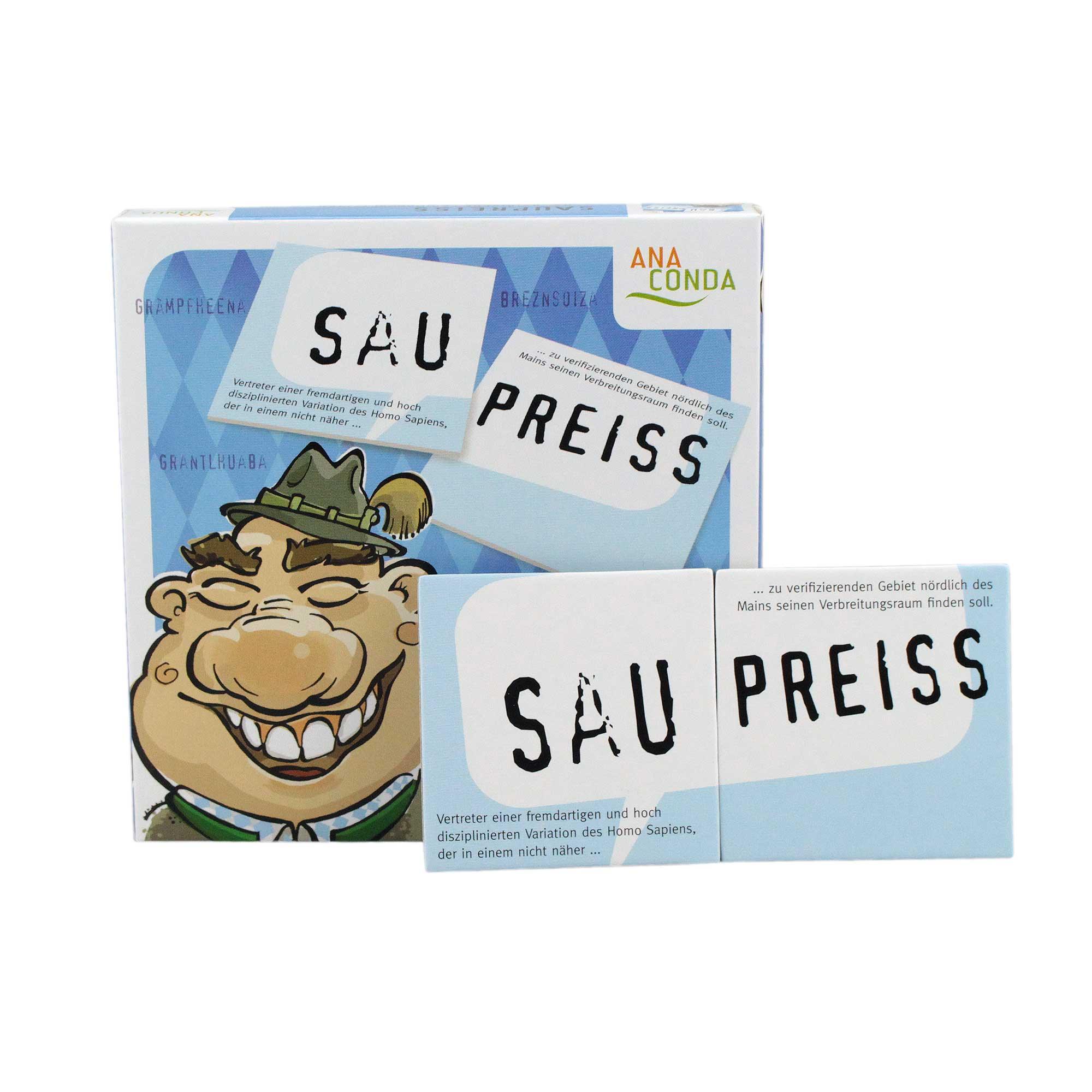Party-Kartenspiel "Sau Preiss" mit Brezensoiza-Figur in bayerischer Tracht für humorvolle Abende.