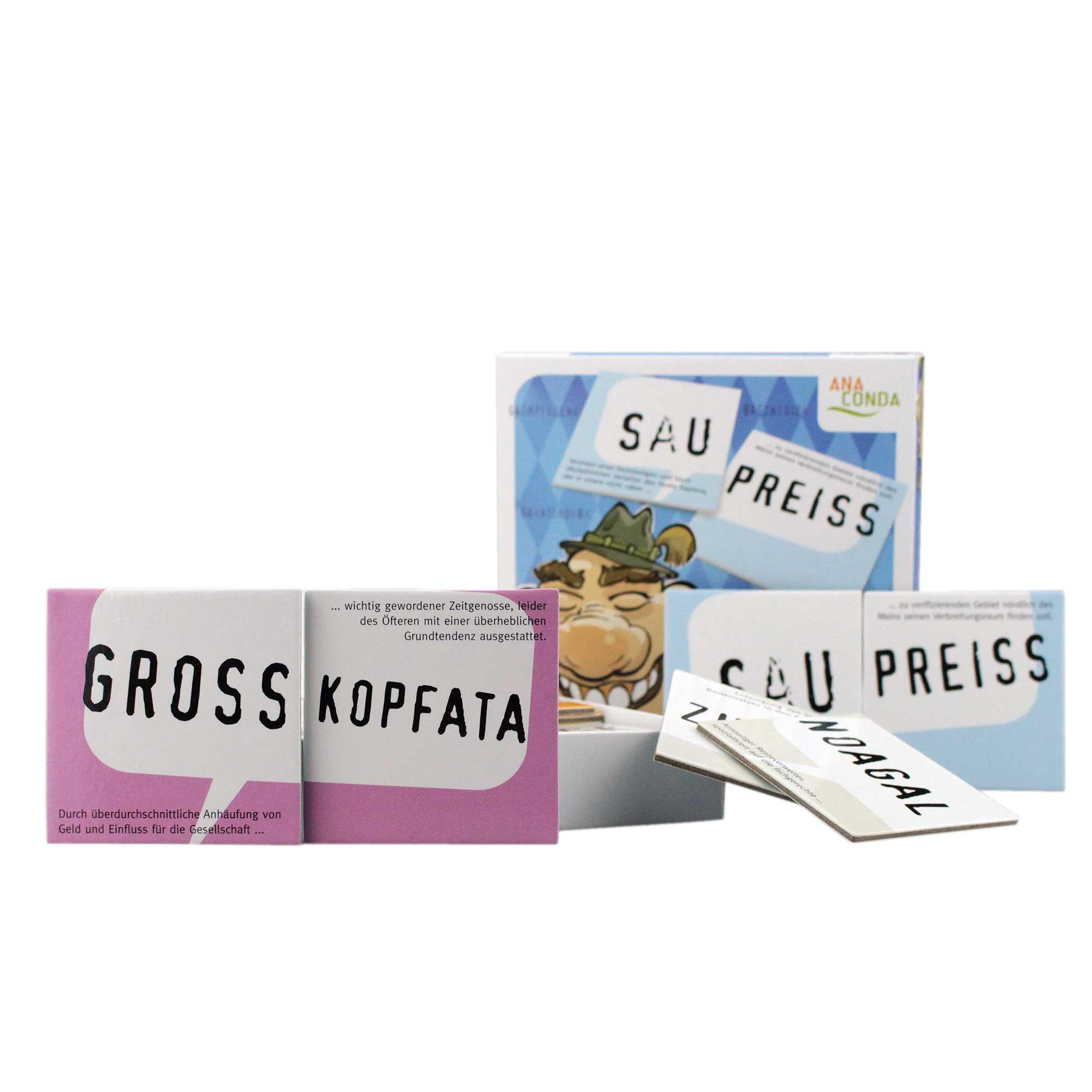 Lustiges Bayrisches Kartenspiel mit Begriffen wie Grossekopf, Saupreiss und Noagal, perfekt für gesellige Abende.