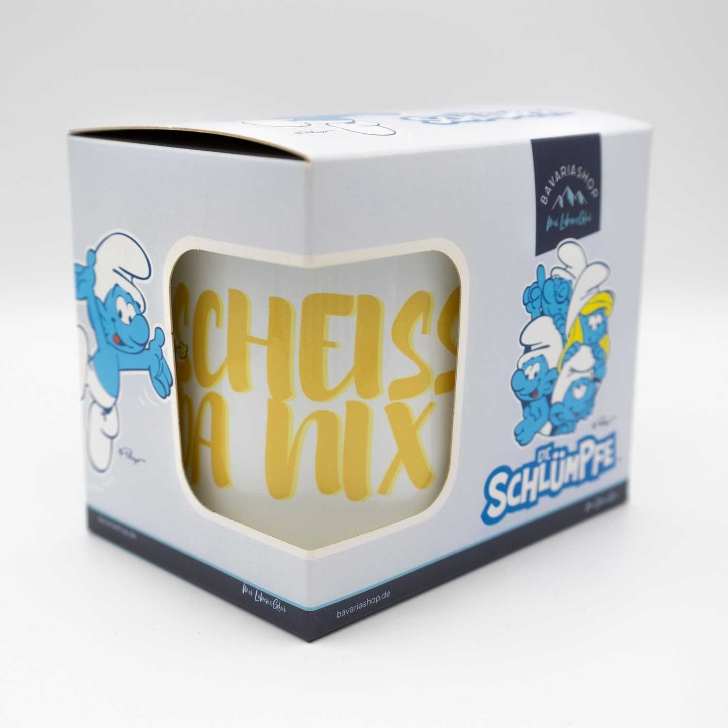 Weiße ®Die Schlümpfe Emailletasse Scheiß da nix in Geschenkbox mit Sichtfenster und Schlumpf-Motiven.