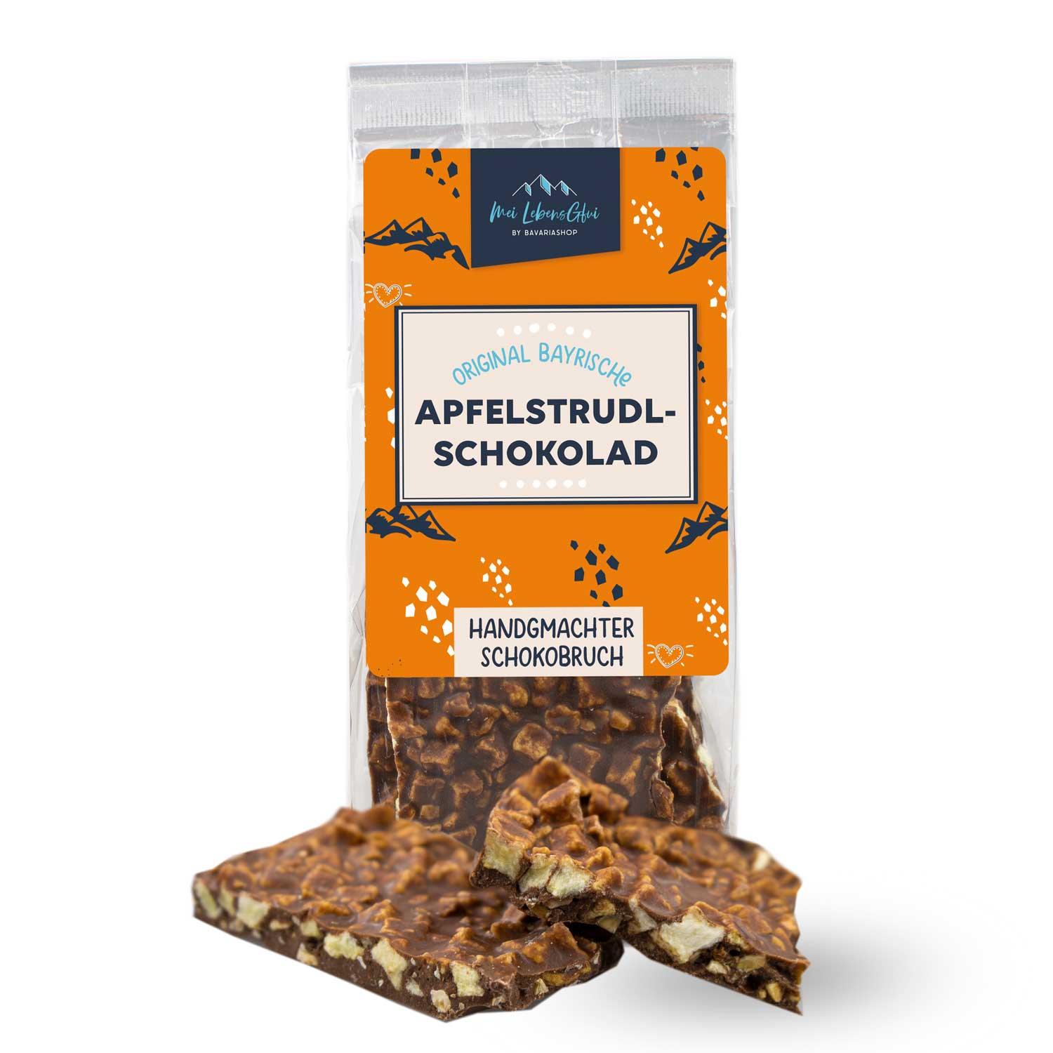 Weihnachtsbox Vorfreude: Bayrische Apfelstrudel-Schokolade als handgemachter Schokobruch in Klarsichtverpackung.