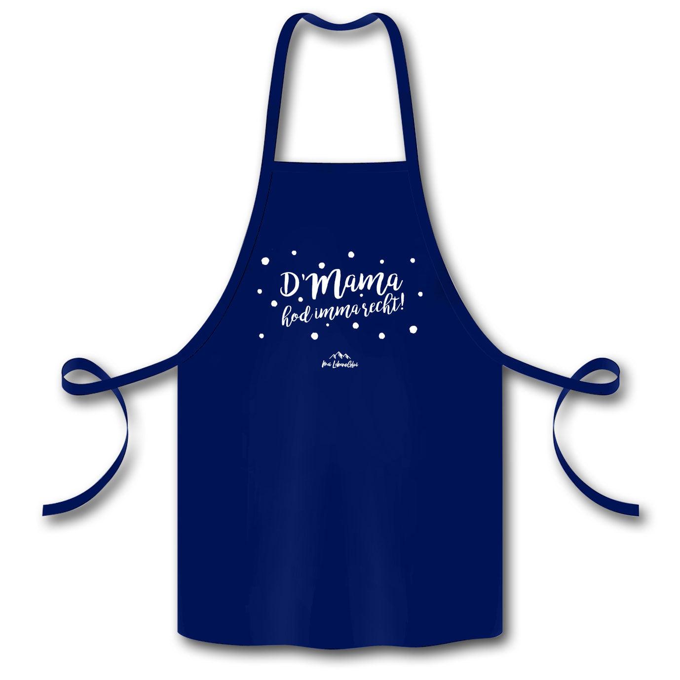Dunkelblaue Schürze D´Mama hod imma recht mit weißem Schriftzug und Pünktchen, ideal für die Küche.