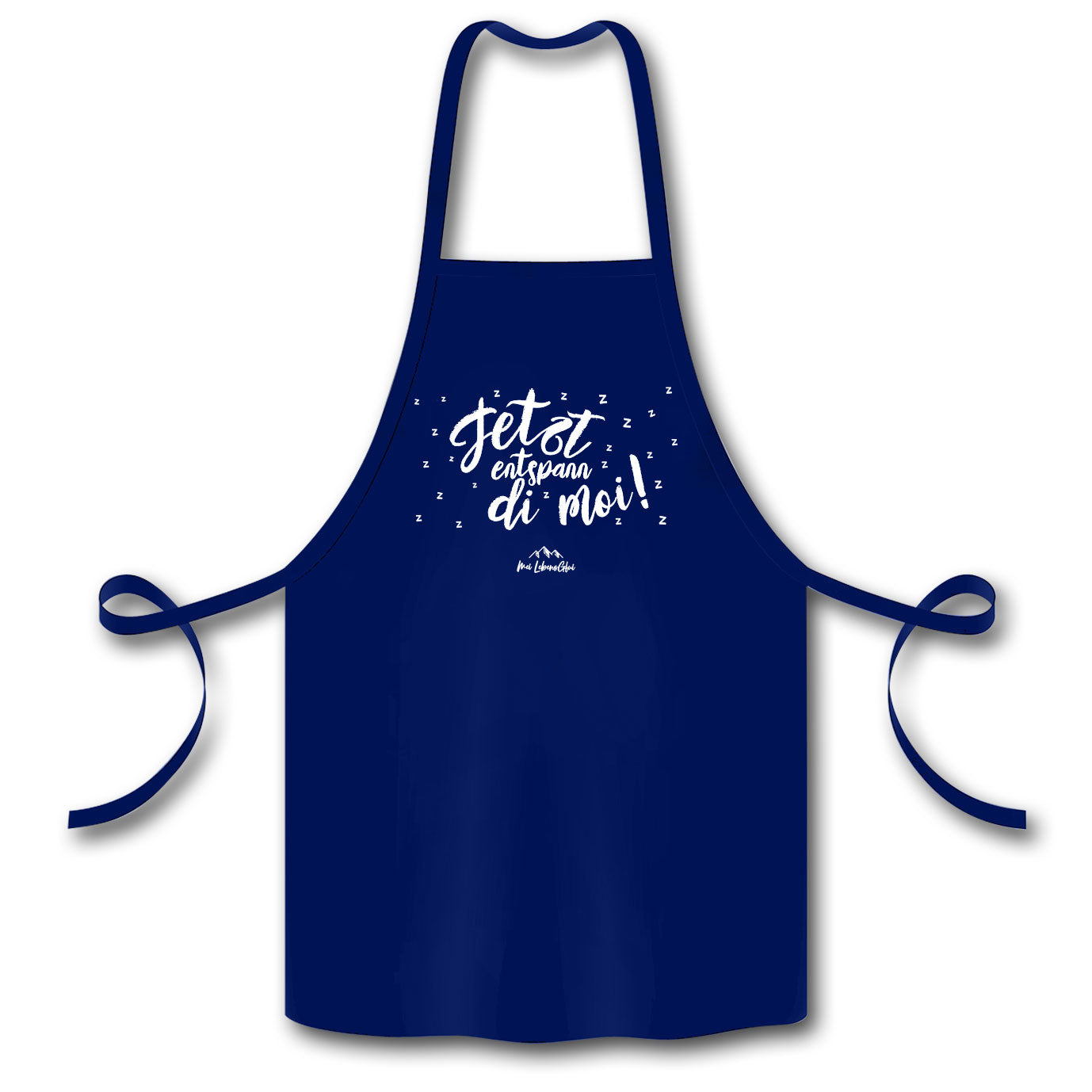 Dunkelblaue Schürze Jetzt entspann di moi mit weißem Schriftzug, ideal für Küche und Grillen in modernem Design.