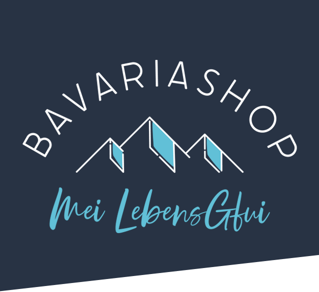 Logo auf dunklem Hintergrund mit weißer Schrift "BAVARIASHOP" über blauen Bergkonturen und "Mei LebensGfui".