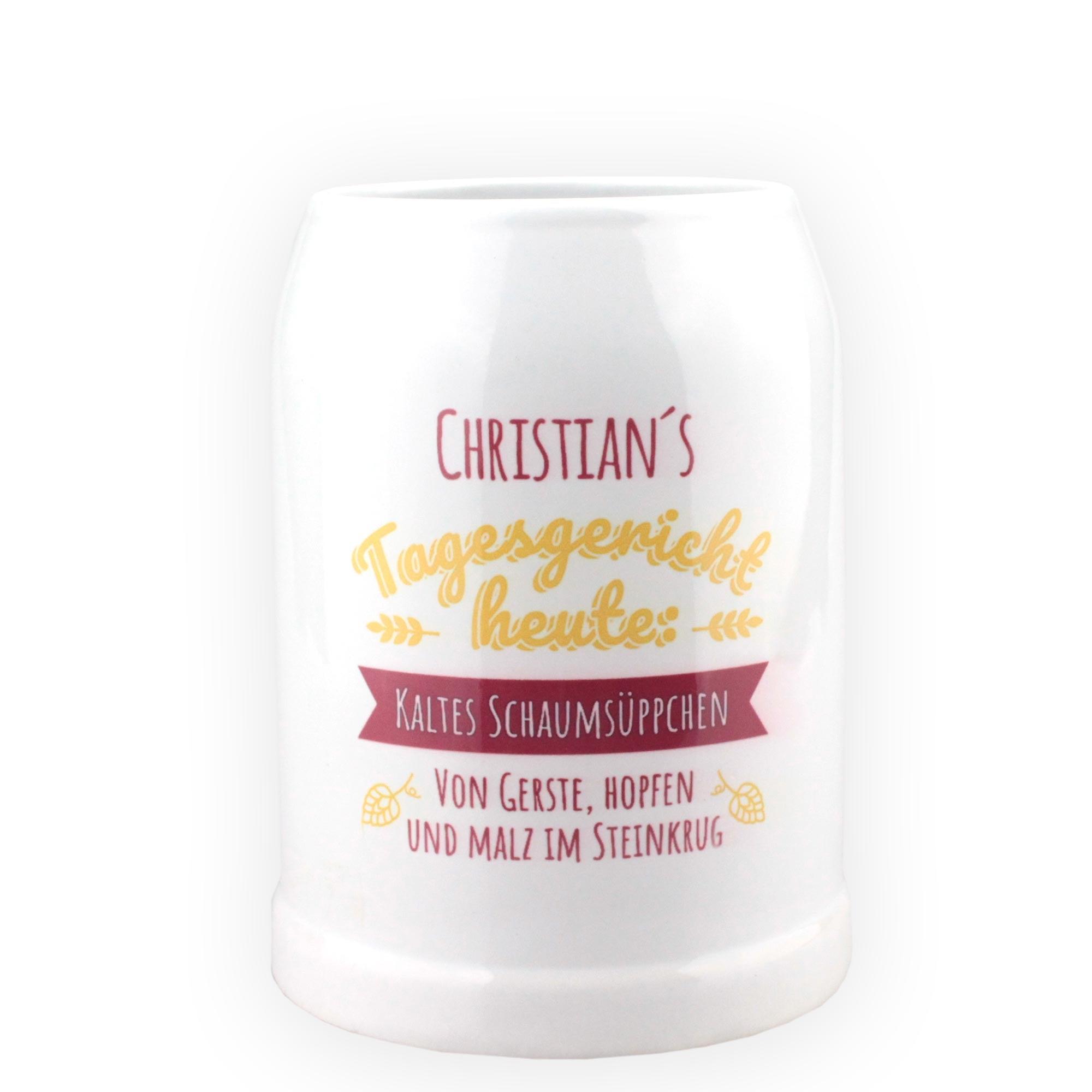 Weißer Keramik-Bierkrug mit lustigem Spruch und personalisiertem Namen für Geschenke für Bierliebhaber