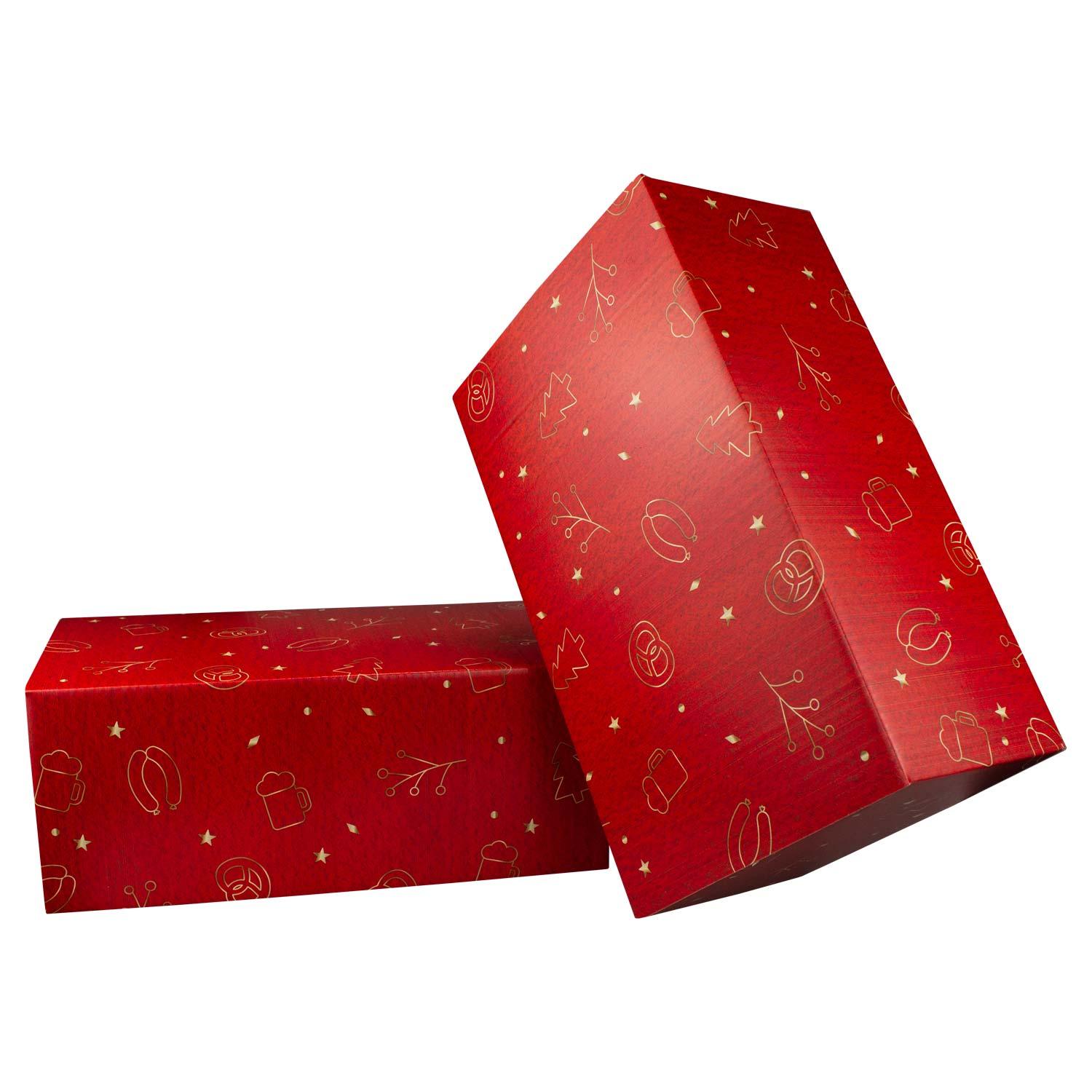 Rote Weihnachtsbox "Nikolaussackerl" mit goldenen Motiven wie Lebkuchen, Brezeln und Bierkrügen.