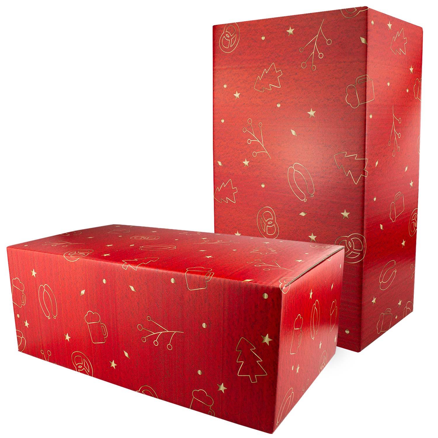 Rote Weihnachtsbox Nikolaussackerl mit goldenen Motiven von Brezel, Bierkrug, Weißwurst und Tannenbaum.