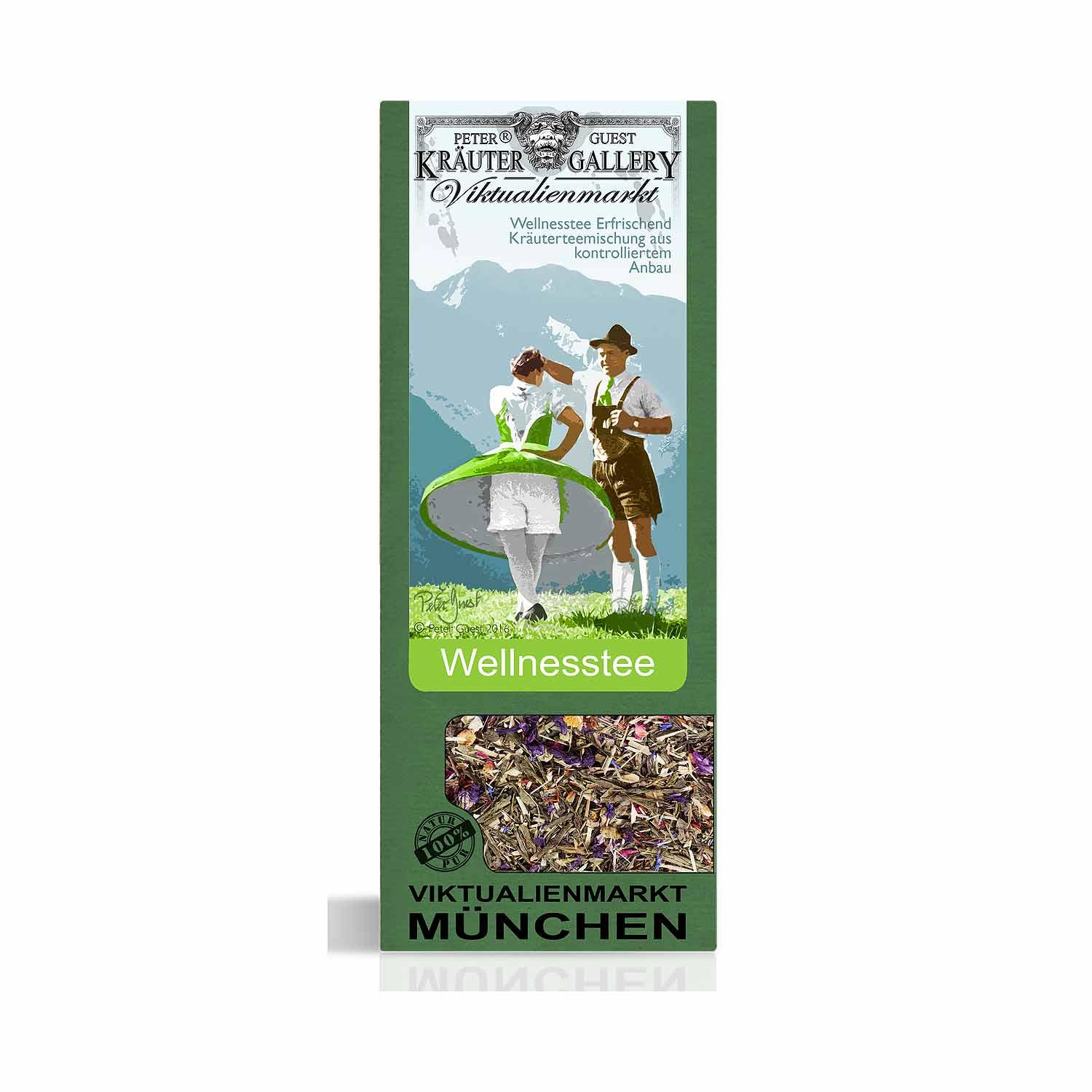 Packung Wellnesstee Kräutertee, eine erfrischende Teemischung, mit bayerischem Trachtenpaar-Aufdruck.