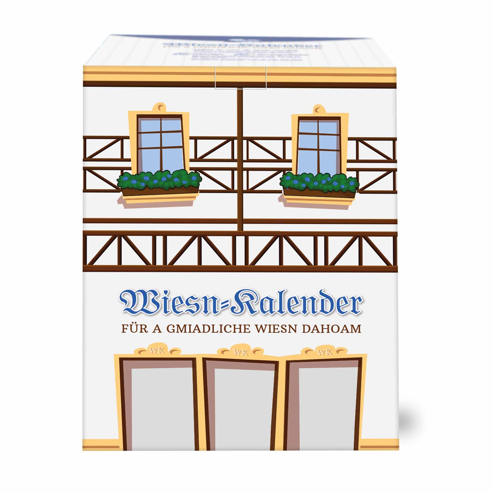 Wiesn Bier-Kalender im Illustrationsstil eines bayerischen Hauses mit Geranien und Schriftzug.
