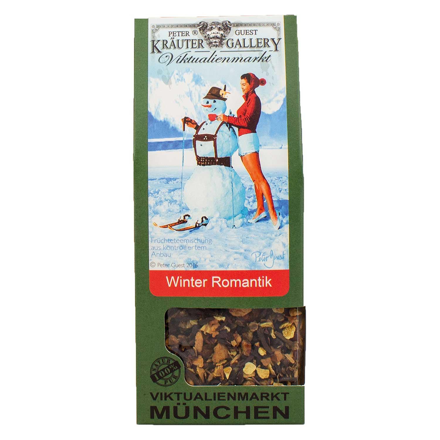 Grüne Weihnachtsbox Weihnachtsfeier Nikolaus mit Illustration von Skifahrer und Schneemann, Sichtfenster auf Früchtetee.
