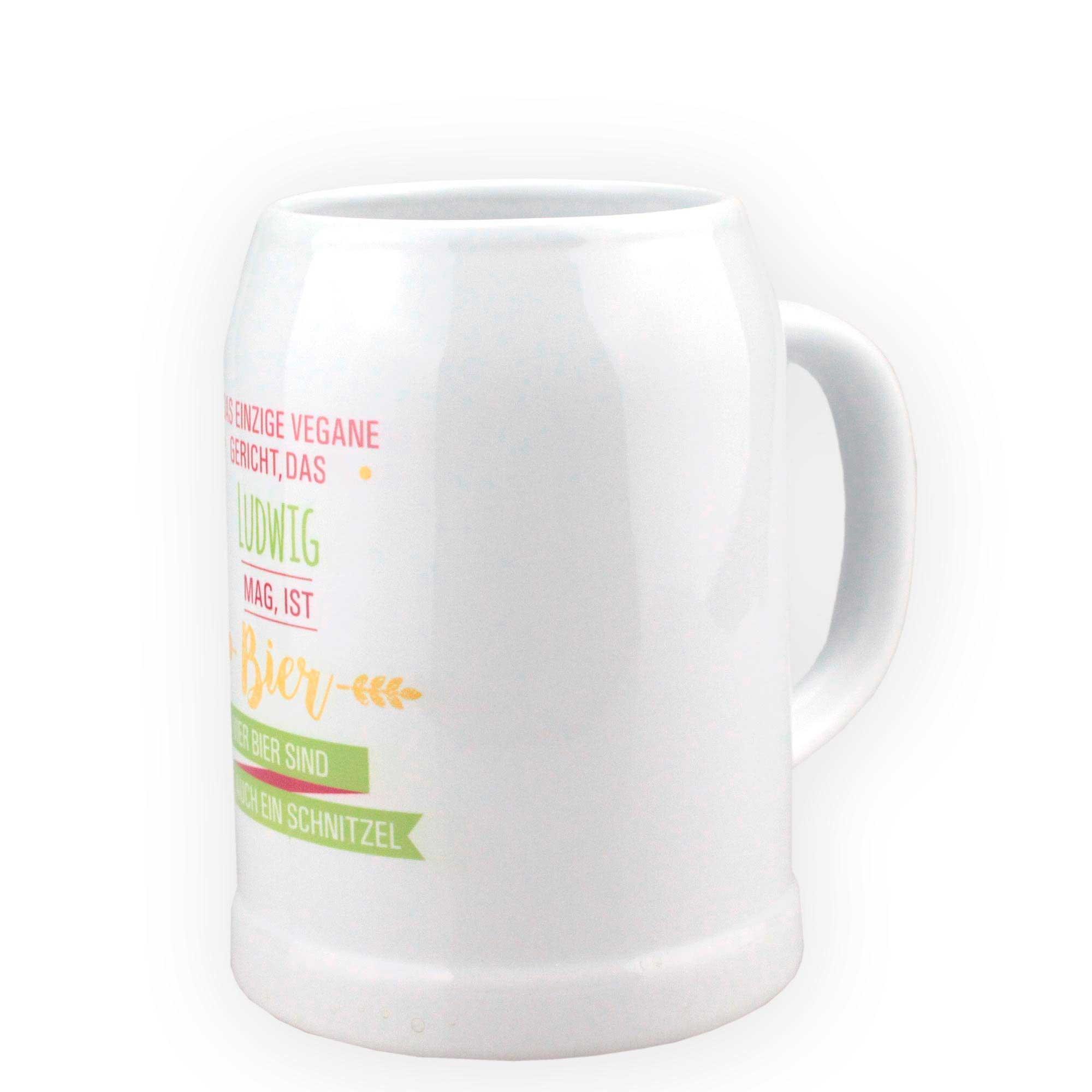 Weißer Keramik-Bierkrug mit lustigem Spruch Bier ist das einzige vegane Gericht, das Ludwig mag.